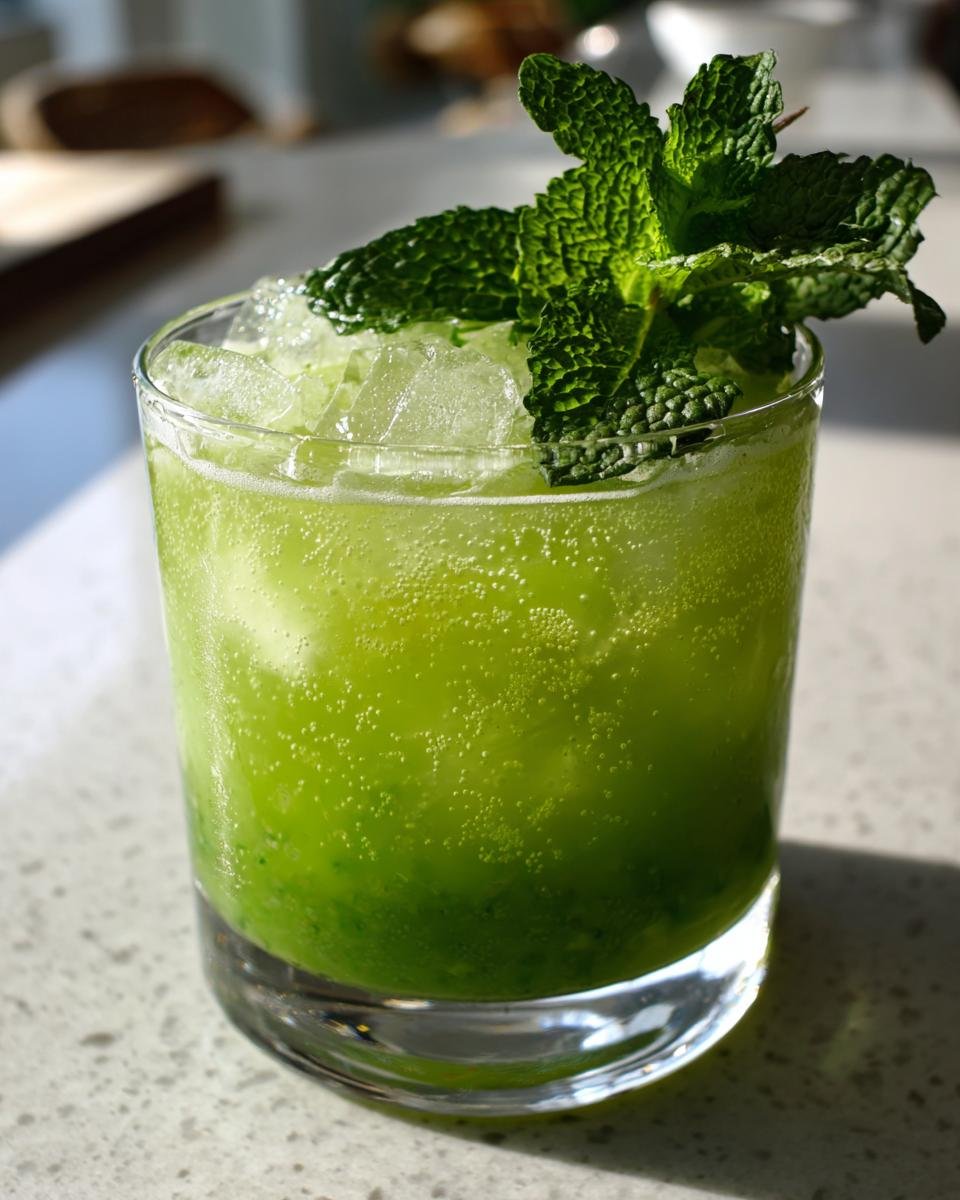 A close-up of a vibrant Greenhorn Cocktail recipe, filled with ice and garnished with fresh mint leaves.