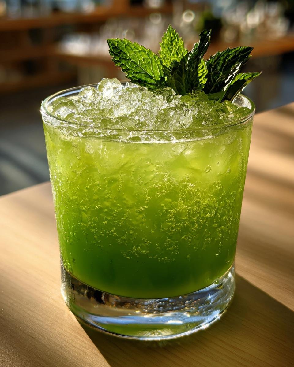 A close-up of a vibrant green Greenhorn Cocktail Recipe, filled with crushed ice and topped with fresh mint leaves.