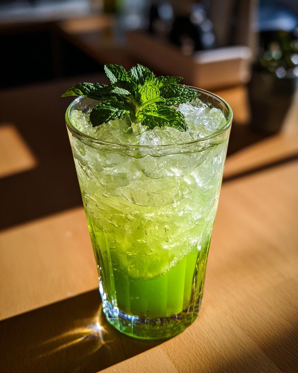 A vibrant Greenhorn Cocktail Recipe in a tall glass filled with ice and garnished with fresh mint leaves.