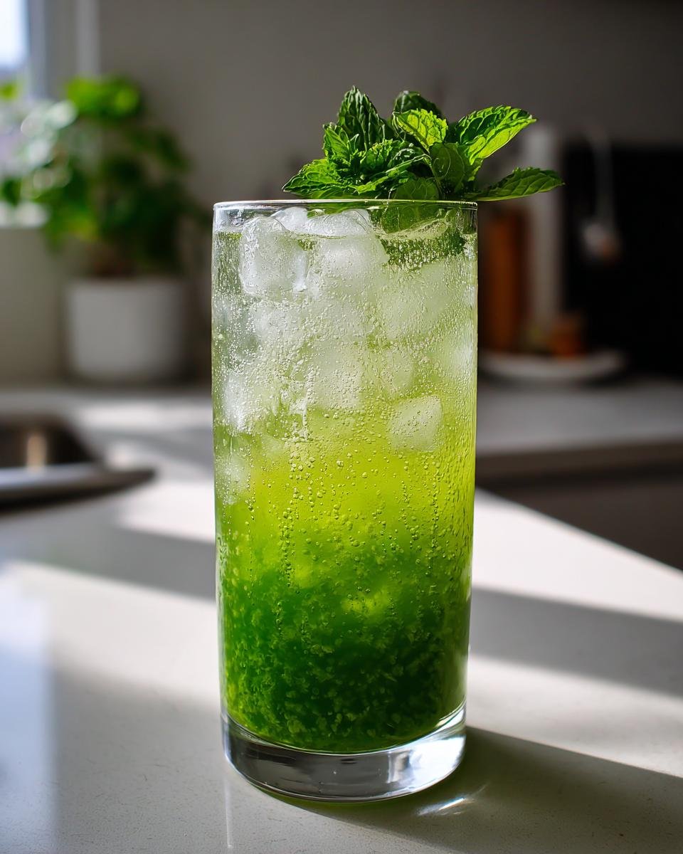 A vibrant Greenhorn Cocktail Recipe in a tall glass, filled with ice and garnished with fresh mint.