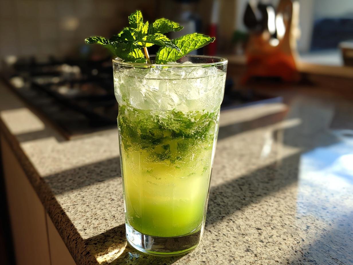 A tall glass filled with a vibrant green Greenhorn Cocktail, muddled mint, ice, and garnished with fresh mint leaves.
