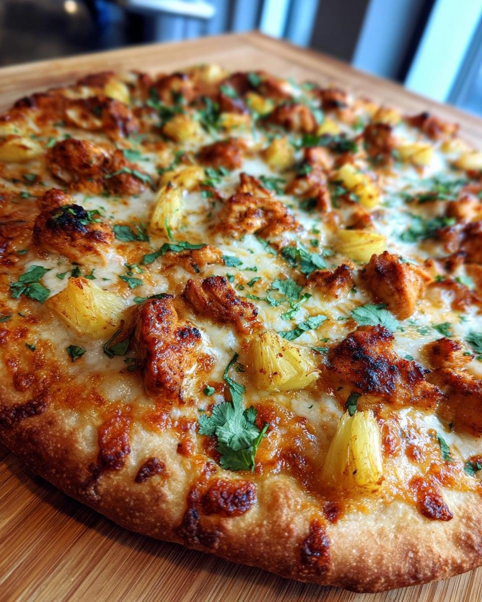 Close-up of a delicious Hawaiian BBQ Buffalo Chicken Pizza with melted cheese, chicken pieces, pineapple chunks, and cilantro.