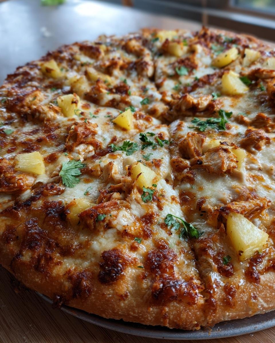 A delicious Hawaiian BBQ Buffalo Chicken Pizza, topped with melted cheese, chicken, pineapple chunks, and fresh parsley.
