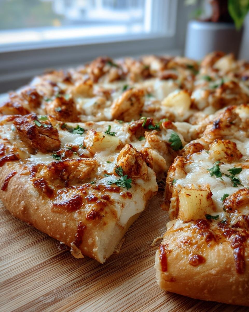 A close-up of a slice of Hawaiian BBQ Buffalo Chicken Pizza, showing melted cheese, chicken pieces, and pineapple chunks.