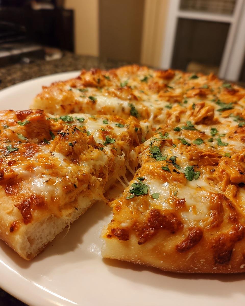 A slice of Hawaiian BBQ Buffalo Chicken Pizza with melted cheese and chopped cilantro.