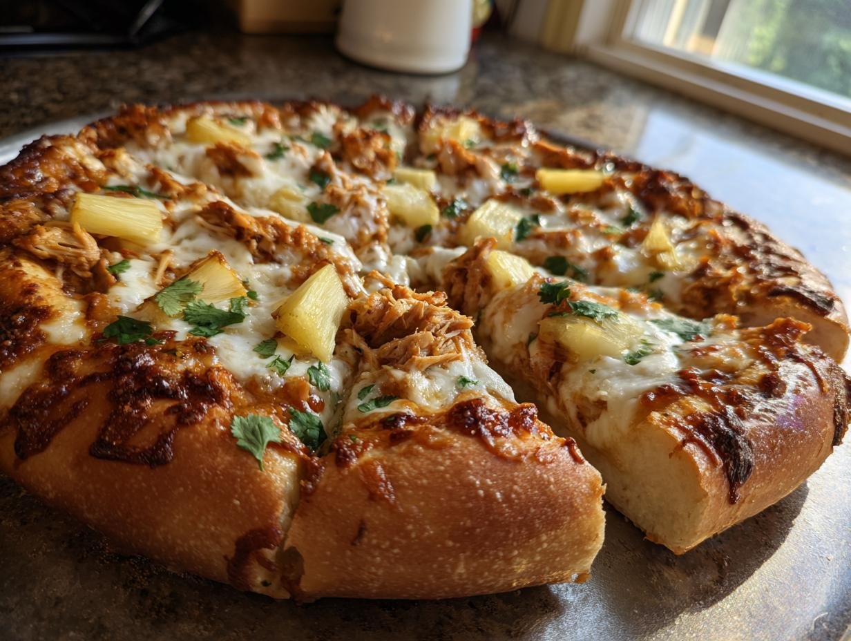 A delicious Hawaiian BBQ Buffalo Chicken Pizza topped with melted cheese, pineapple chunks, and cilantro.