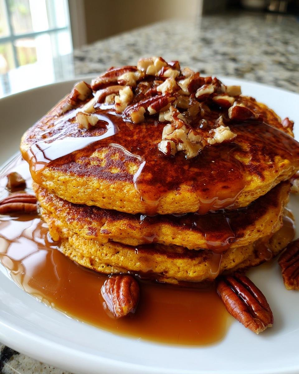 A stack of three golden Healthy Pumpkin Quinoa Pancakes drizzled with syrup and topped with chopped pecans.