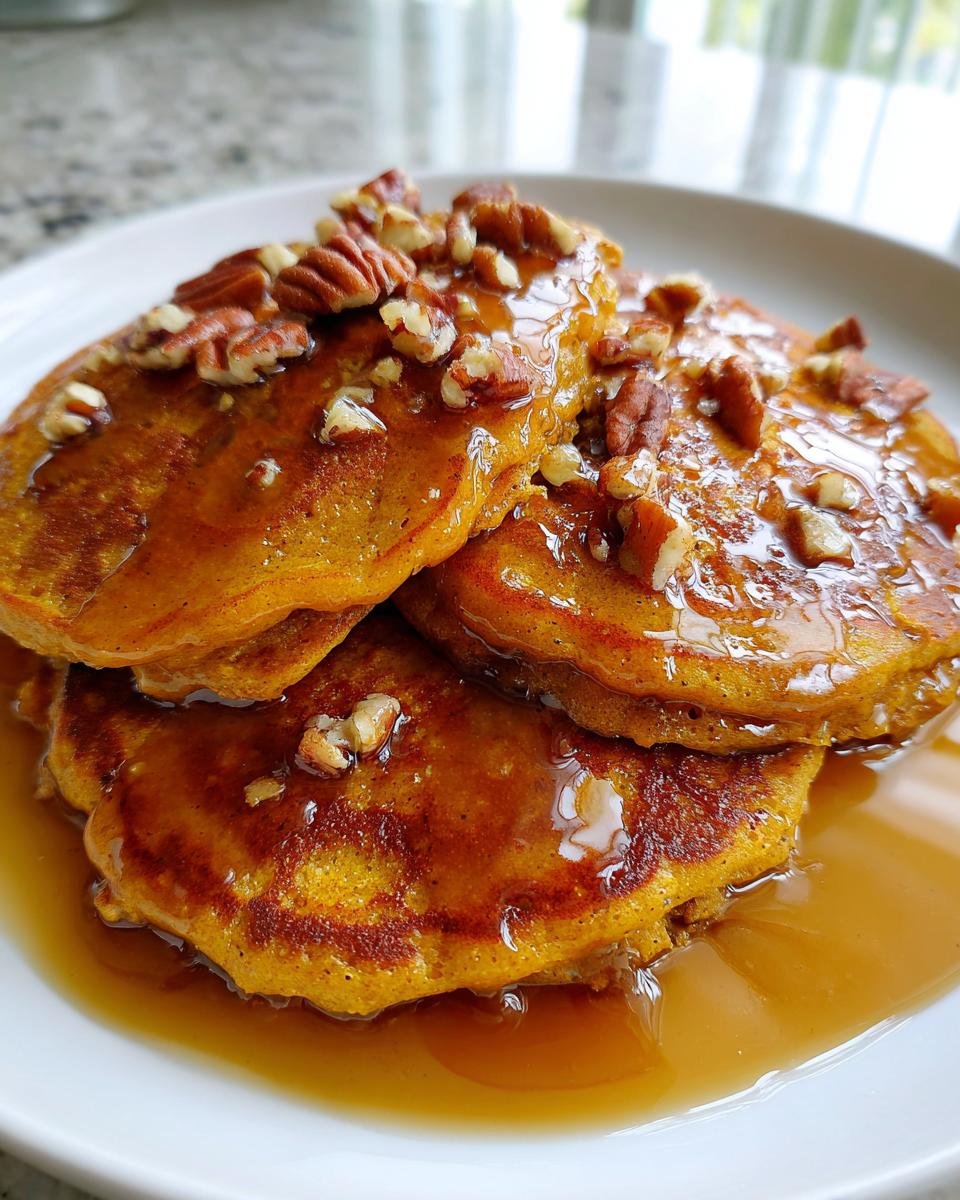 Stack of golden Healthy Pumpkin Quinoa Pancakes drizzled with syrup and topped with chopped pecans.
