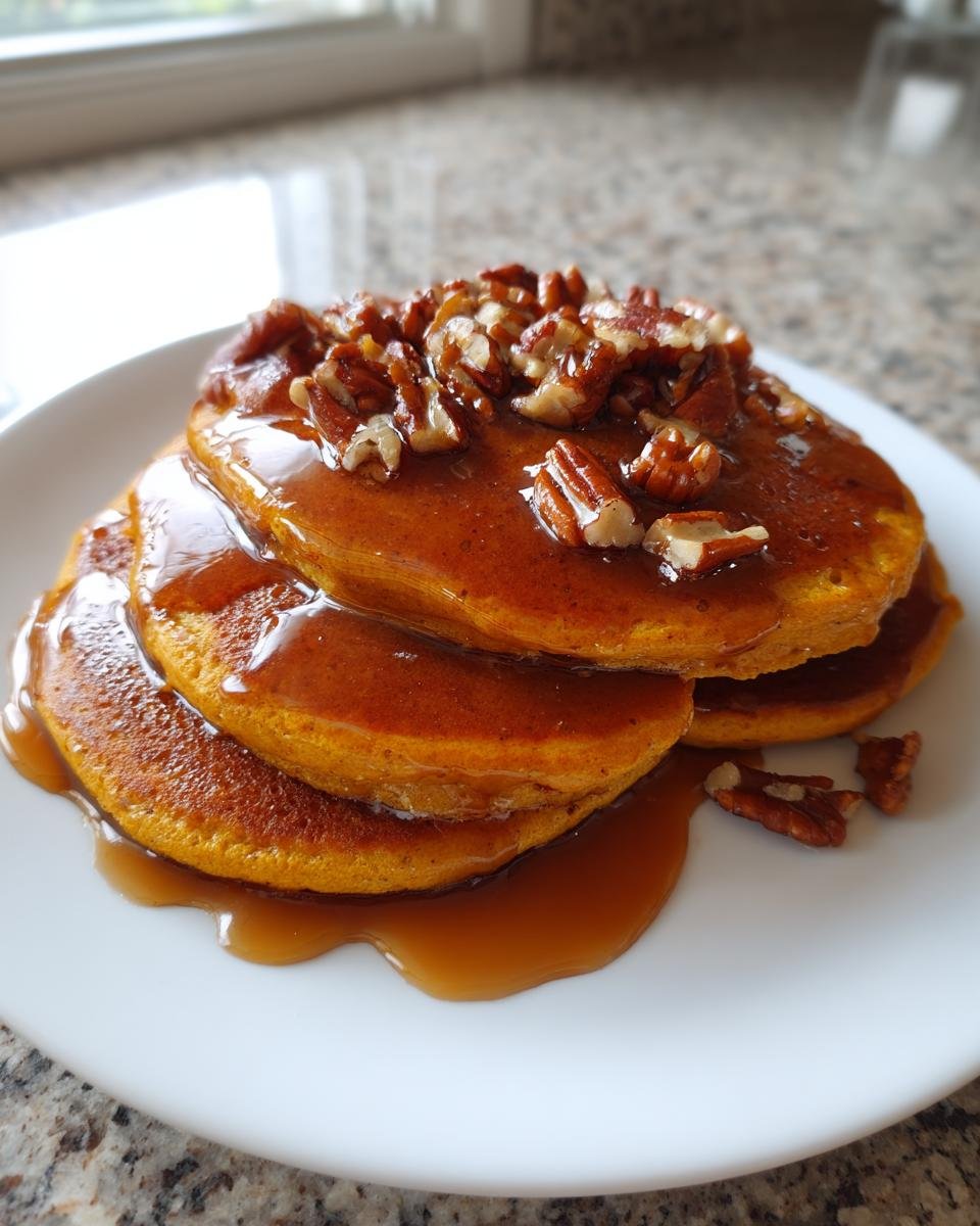 Stack of three Healthy Pumpkin Quinoa Pancakes drizzled with syrup and topped with pecans.
