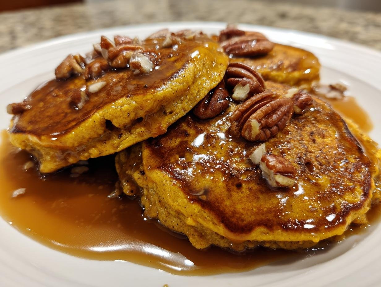 Close-up of stacked Healthy Pumpkin Quinoa Pancakes drizzled with praline syrup and topped with pecans.