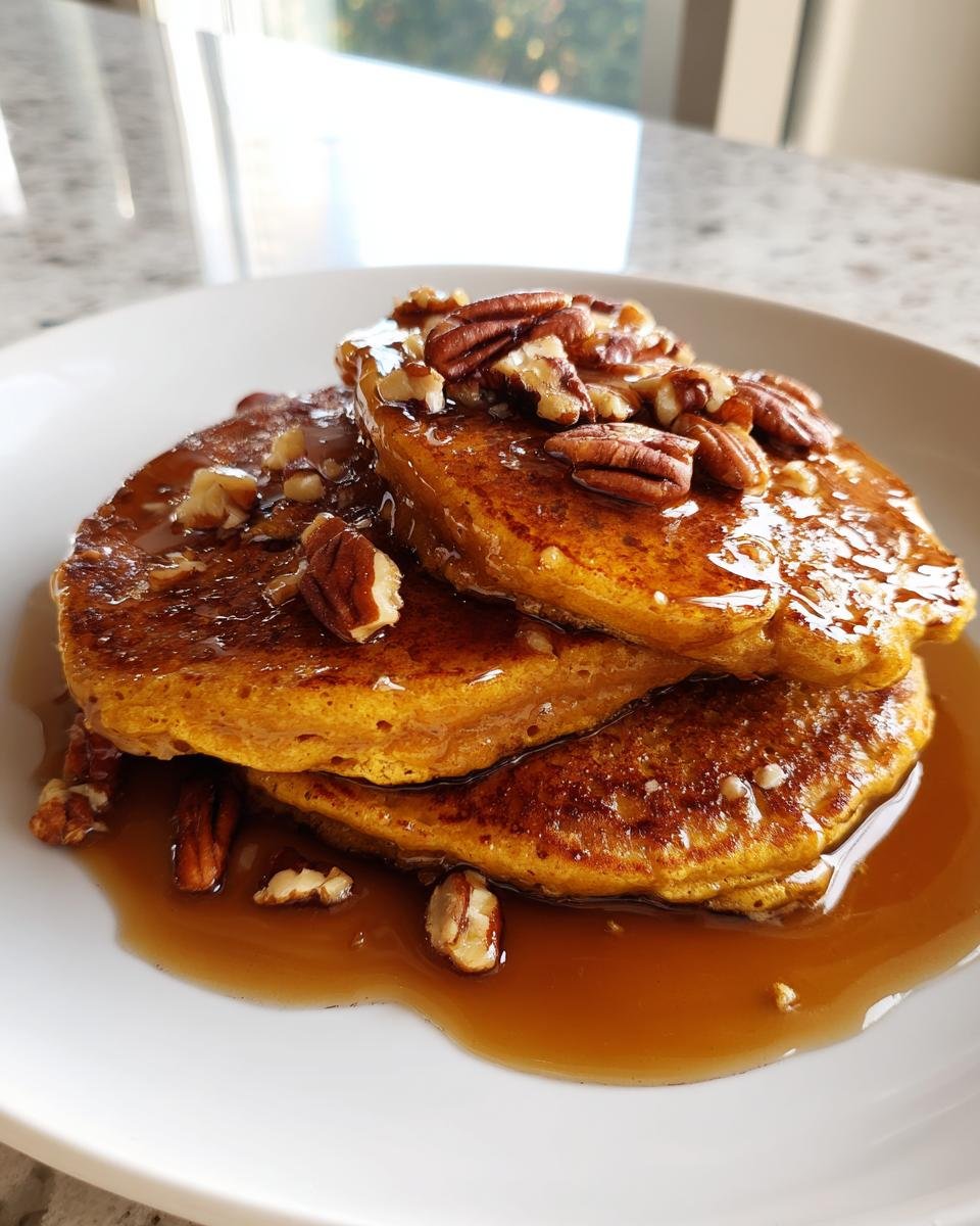 Close-up of a stack of three Healthy Pumpkin Quinoa Pancakes drizzled with syrup and topped with pecans.
