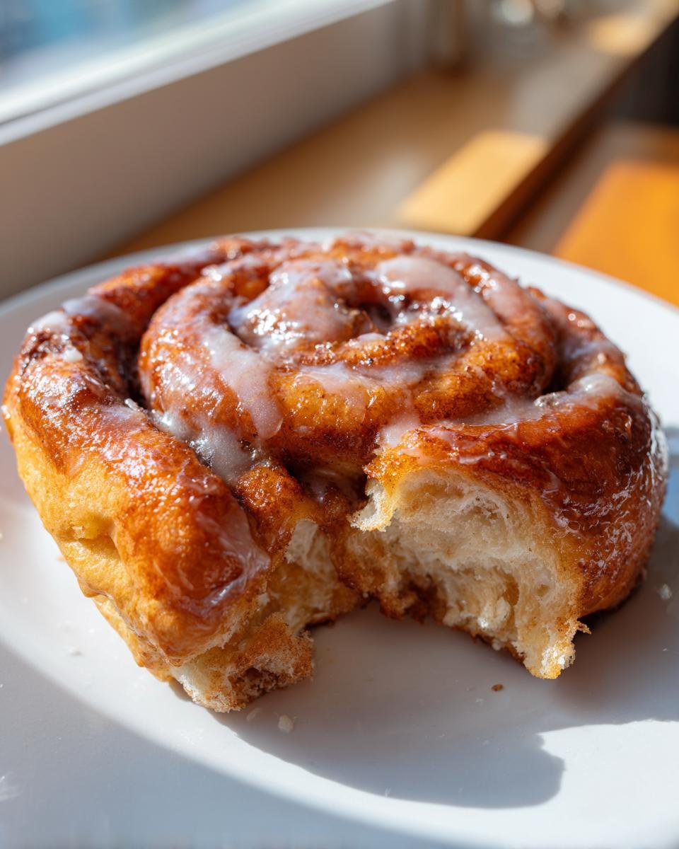 A close-up of a soft, glazed Holiday Eggnog Cinnamon Rolls with a bite taken out, showing the fluffy interior.