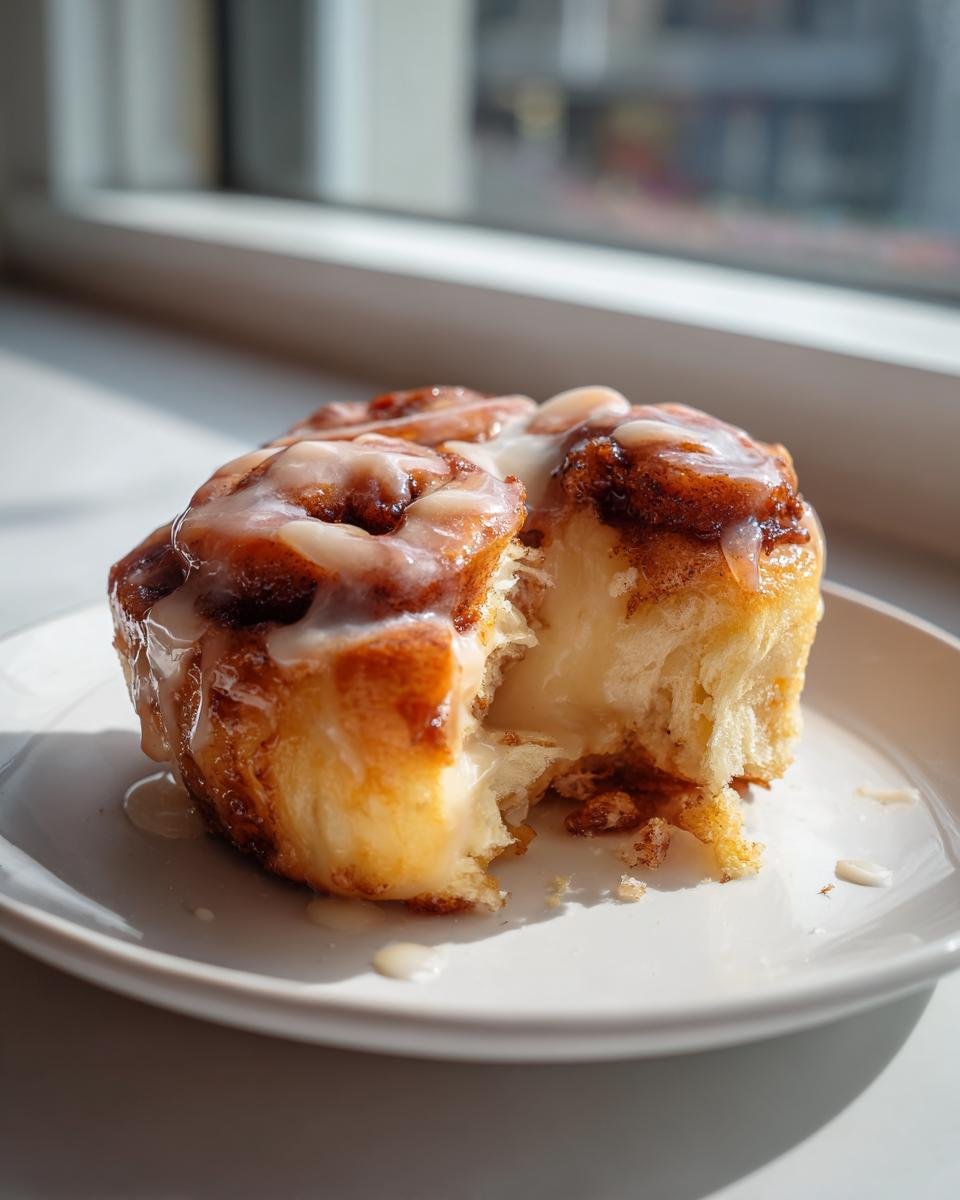 A close-up of a soft Holiday Eggnog Cinnamon Rolls, broken open to show the creamy filling and white icing.