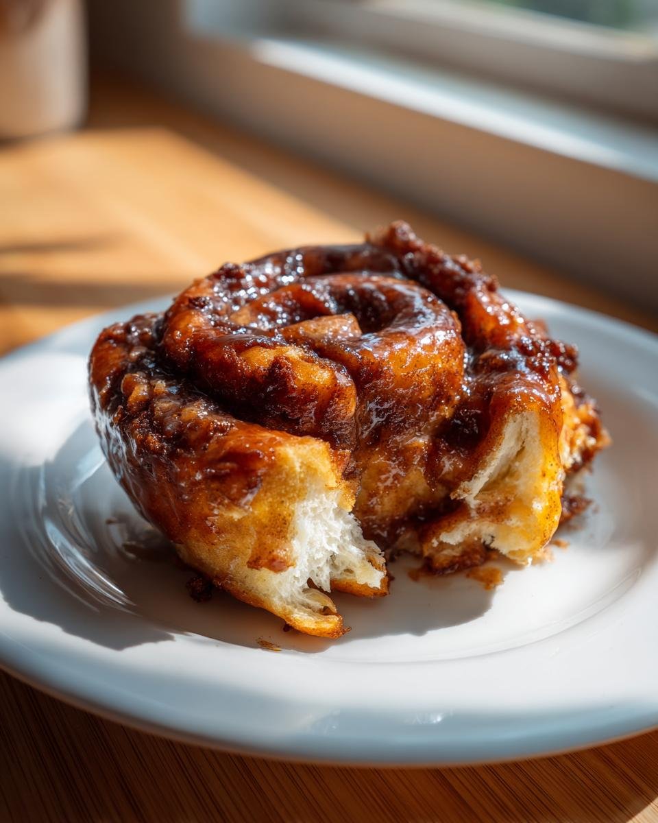 A single, gooey Holiday Eggnog Cinnamon Roll with a bite taken out, showing the soft interior.