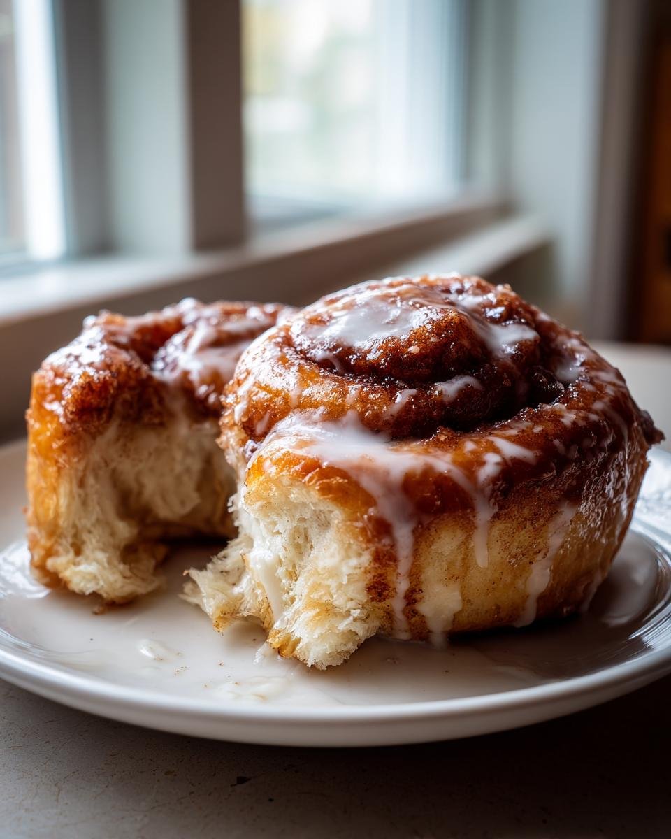 Two soft Holiday Eggnog Cinnamon Rolls covered in white glaze, one slightly pulled apart, on a white plate.