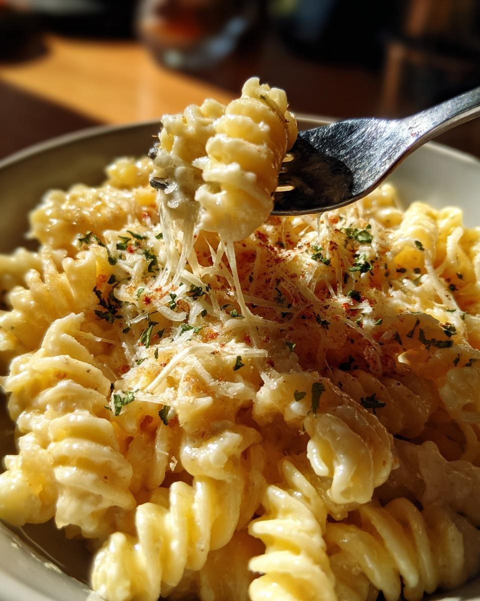 A fork lifting a swirl of fusilli pasta coated in creamy Homemade Alfredo Sauce, topped with Parmesan and parsley.