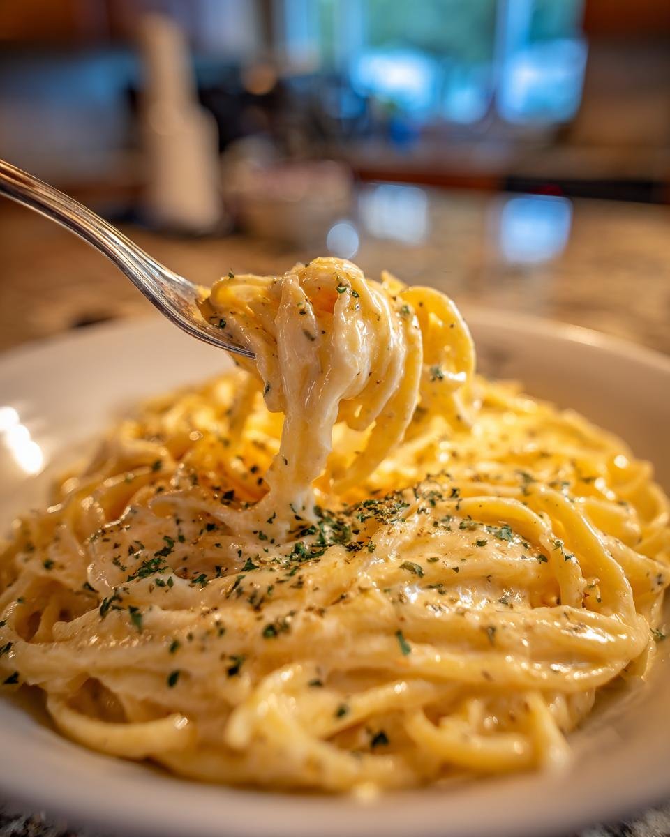 A fork twirling spaghetti coated in creamy homemade Alfredo sauce, garnished with parsley.