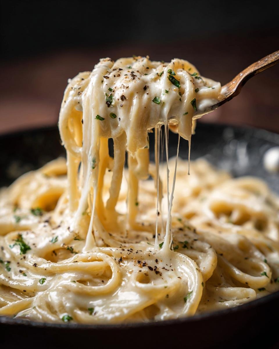 A fork lifting spaghetti coated in rich, creamy Homemade Alfredo Sauce, with melted cheese strings.
