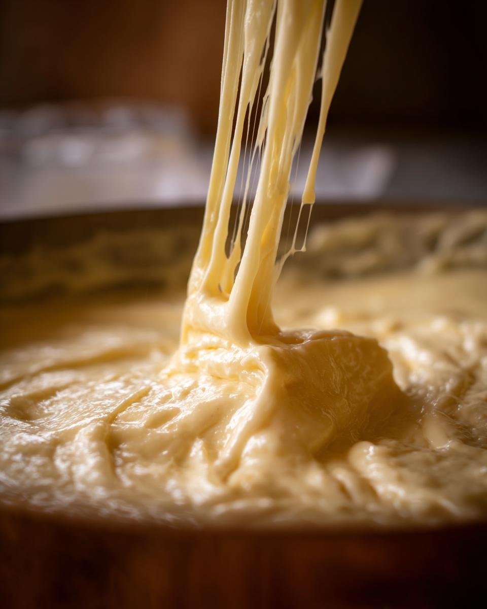 Close-up of thick, creamy Homemade Alfredo Sauce being stirred, showing its smooth and rich texture.
