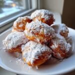 A stack of freshly fried Homemade Mini Powdered Sugar Donuts heavily dusted with white powdered sugar on a white plate.