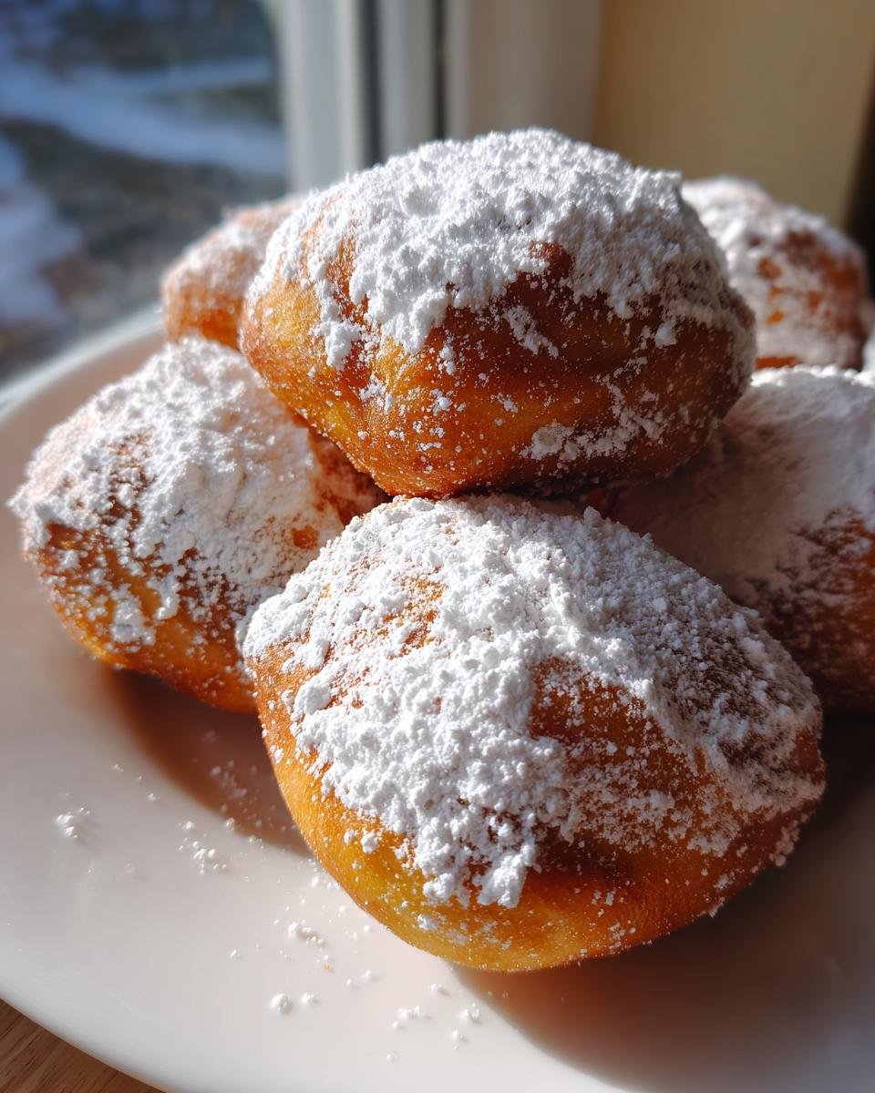 A close-up of several golden brown Homemade Mini Powdered Sugar Donuts piled on a white plate, heavily dusted with white powdered sugar.