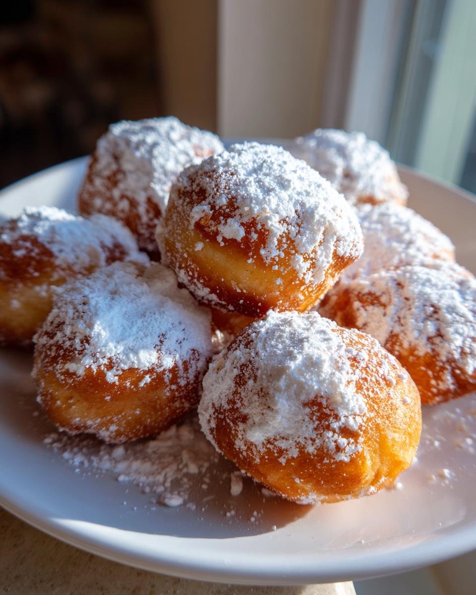 A close-up of several golden brown Homemade Mini Powdered Sugar Donuts piled on a white plate, heavily dusted with white powdered sugar.