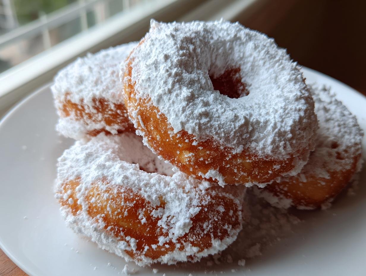 A close-up of several Homemade Mini Powdered Sugar Donuts generously dusted with white powdered sugar on a white plate.