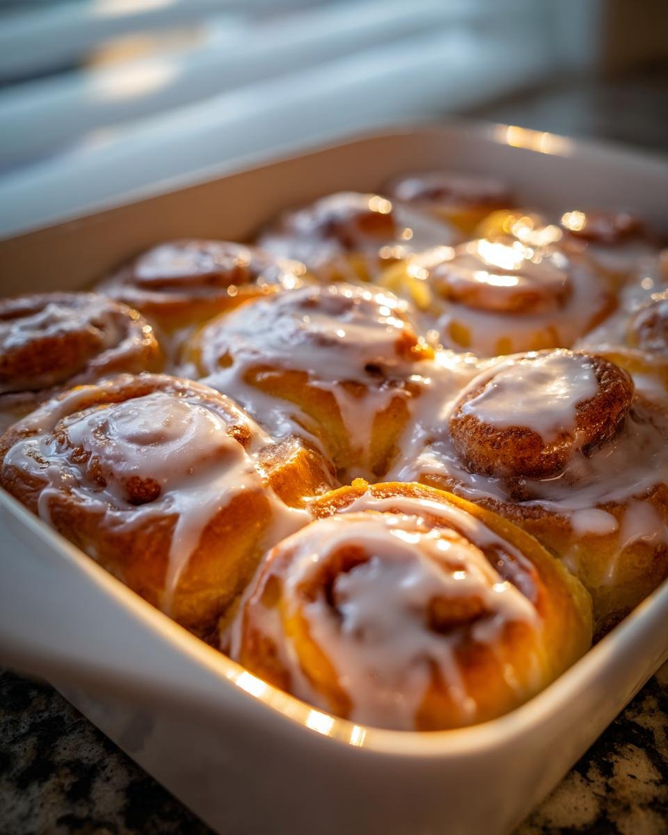 Close-up of freshly baked Homemade Orange Cinnamon Rolls covered in thick white icing, sitting in a white baking dish.
