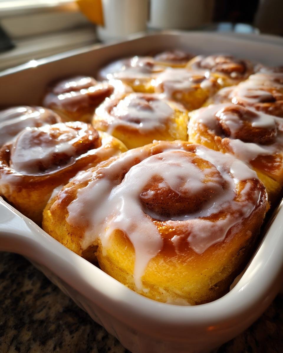Close-up of freshly baked Homemade Orange Cinnamon Rolls covered in thick white icing in a white baking dish.
