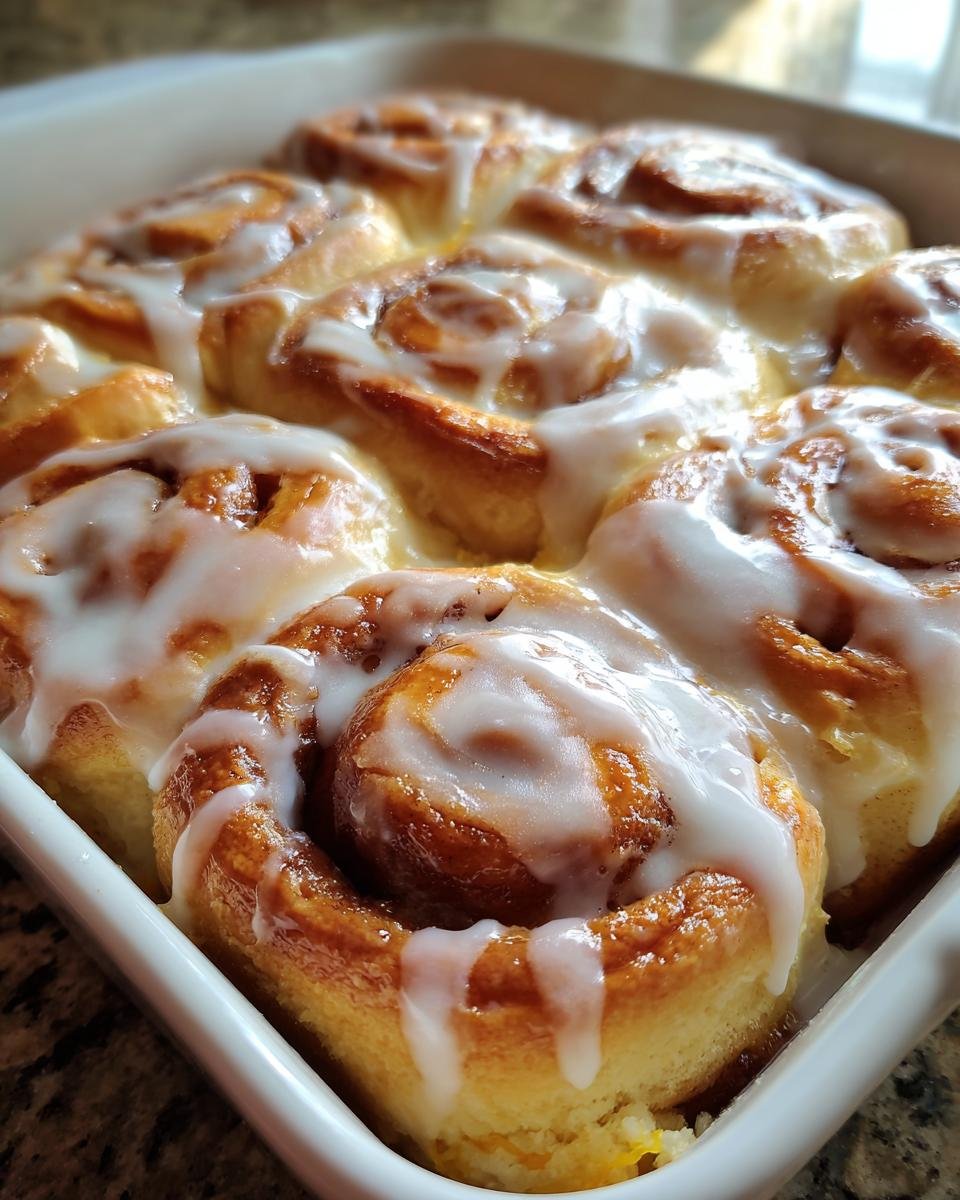 Close-up of freshly baked Homemade Orange Cinnamon Rolls covered in a thick white glaze in a white baking dish.