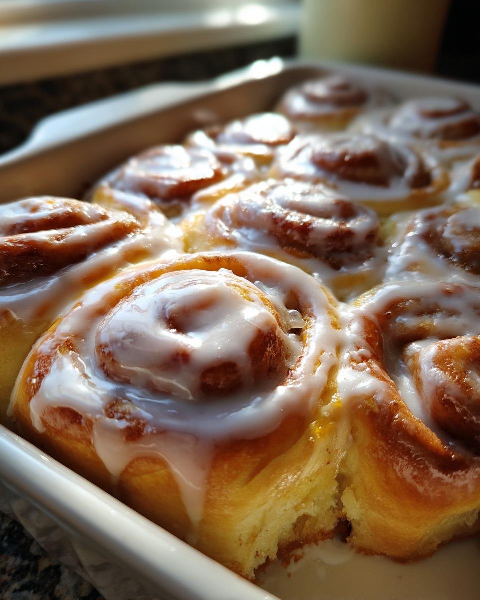Close-up of freshly baked Homemade Orange Cinnamon Rolls covered in thick white icing in a baking dish.