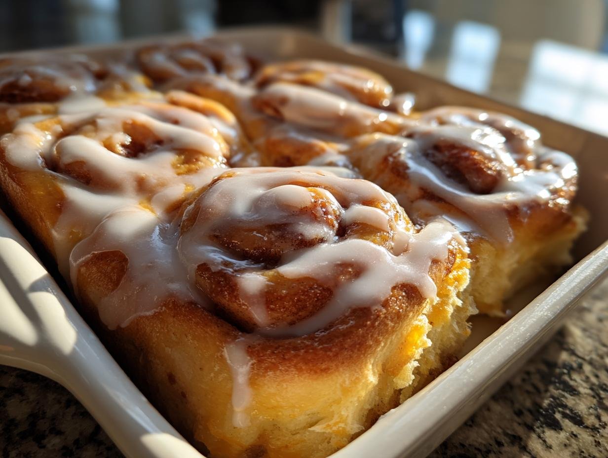 Close-up of freshly baked Homemade Orange Cinnamon Rolls covered in thick white icing, sitting in a white baking dish.