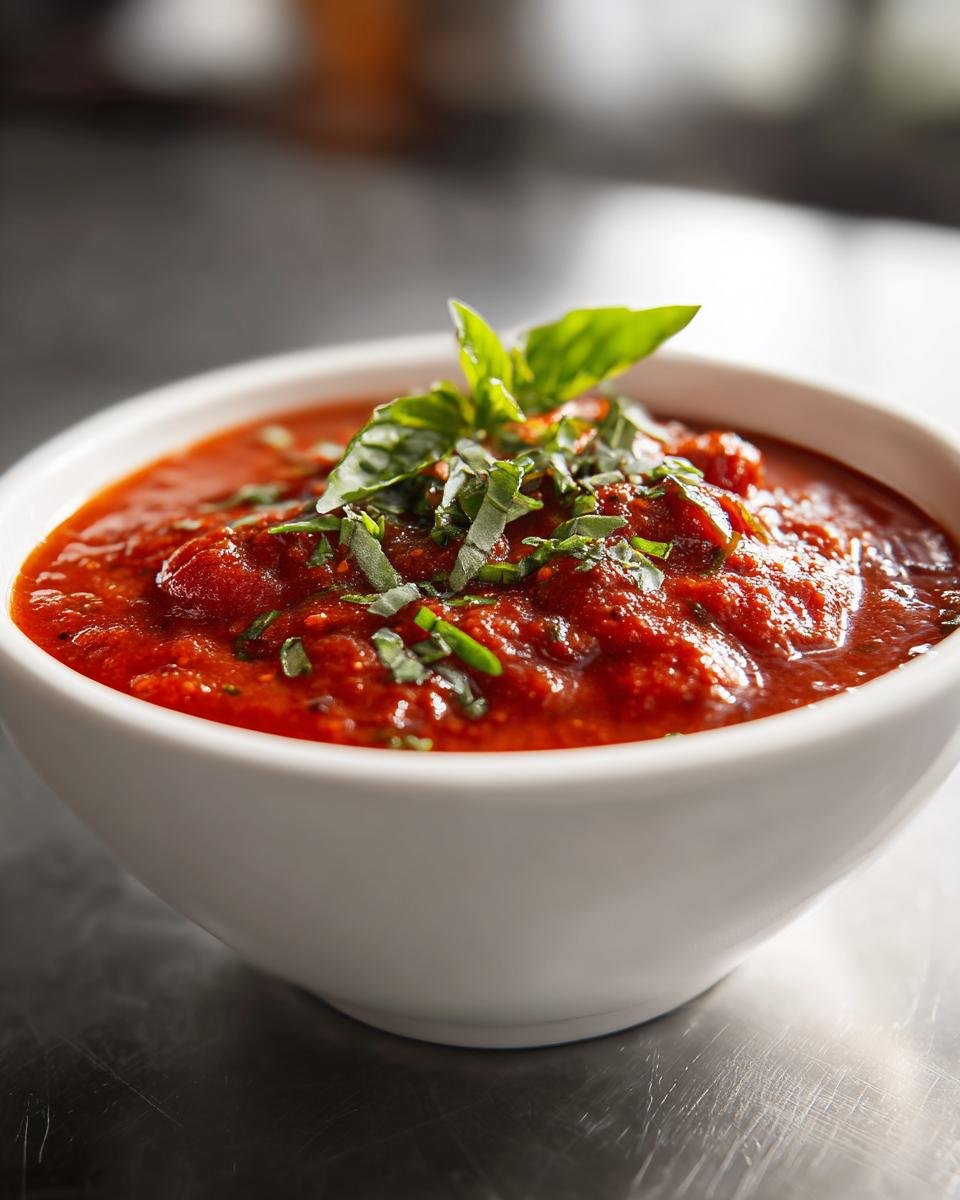 A bowl of vibrant Homemade Pizza Sauce topped with fresh basil leaves and chopped herbs.