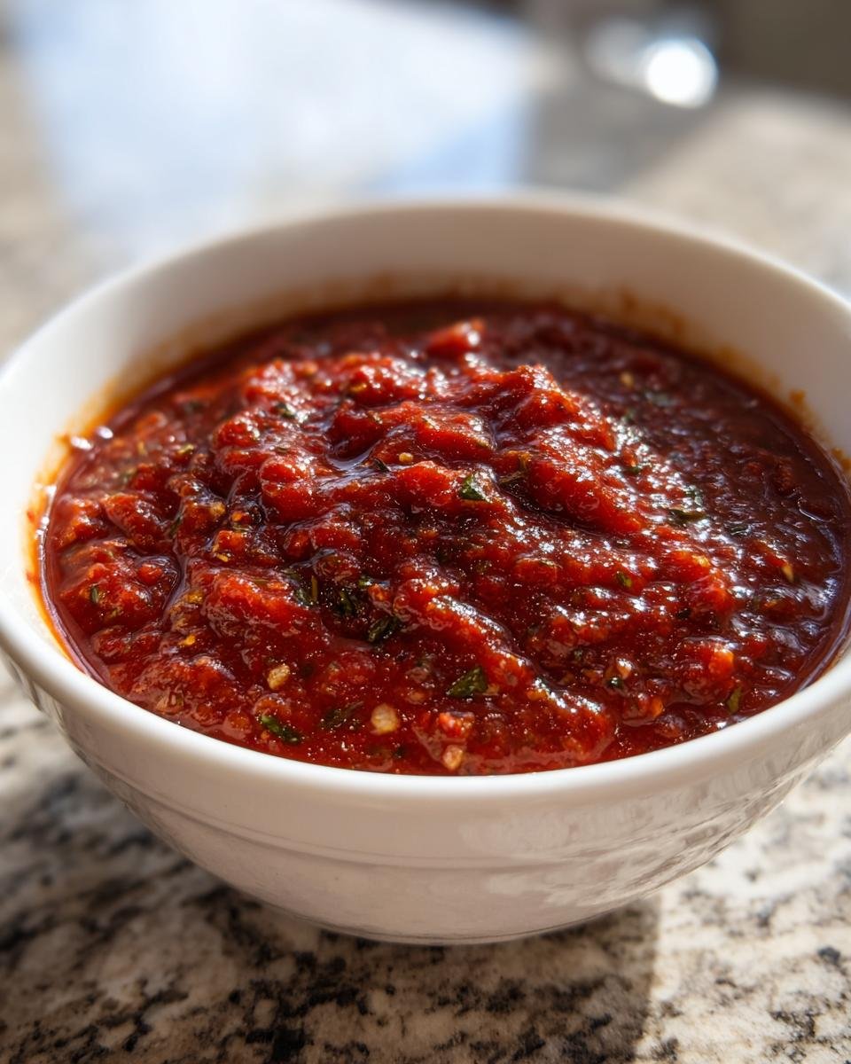 Close-up of vibrant Homemade Pizza Sauce in a white bowl, with visible herbs and spices.