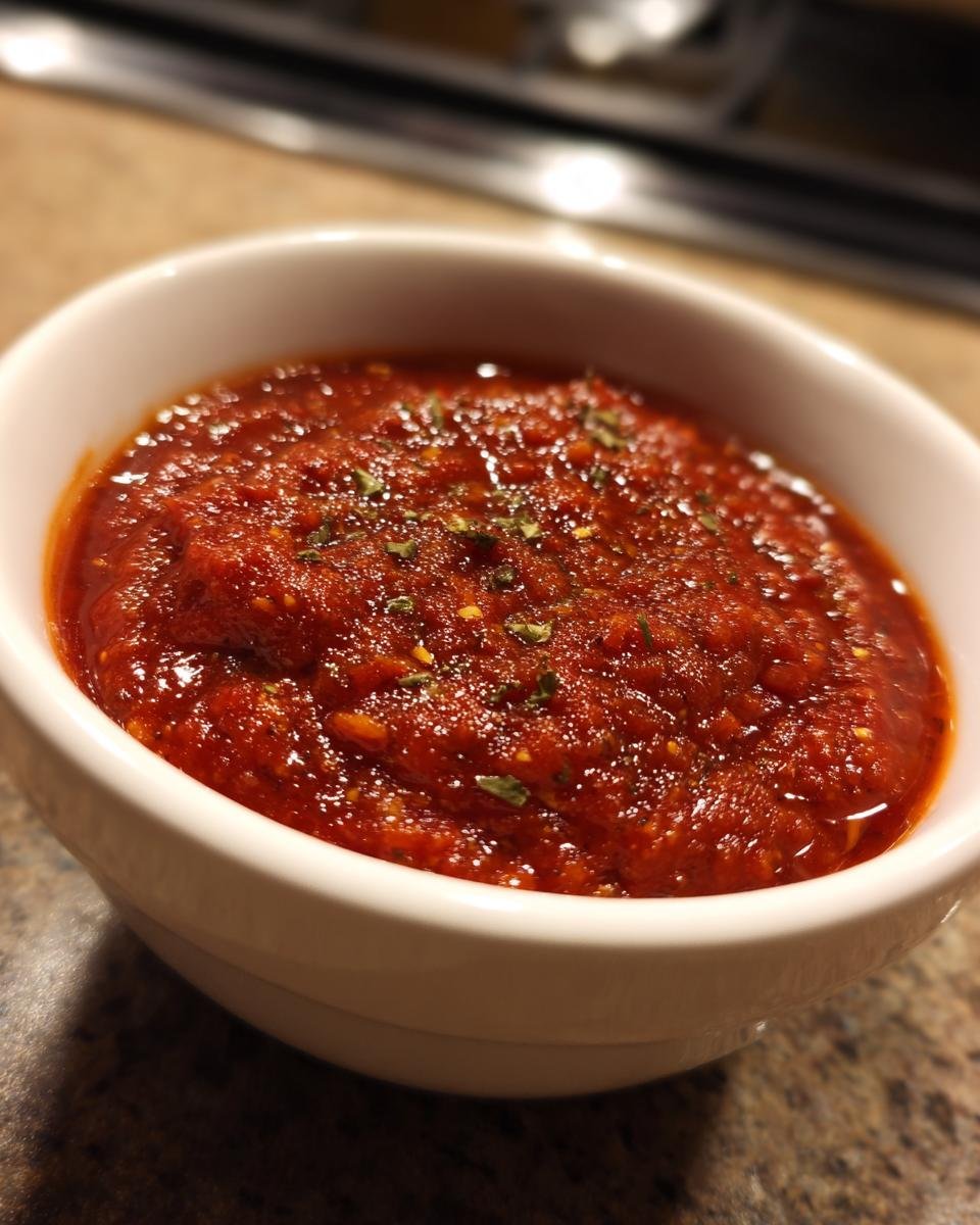 A close-up of vibrant, chunky homemade pizza sauce in a white bowl, sprinkled with dried herbs.