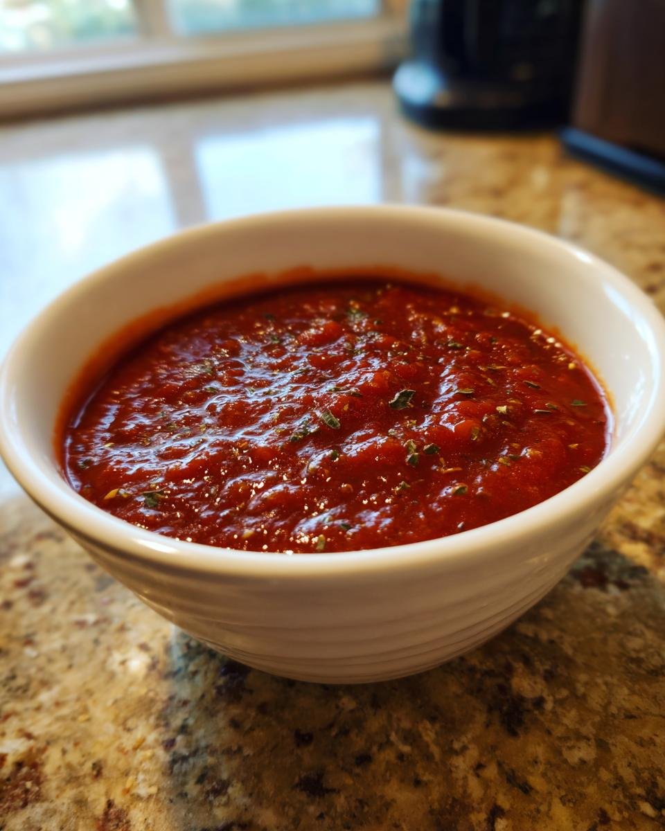 A white bowl filled with rich, red Homemade Pizza Sauce, seasoned with herbs.