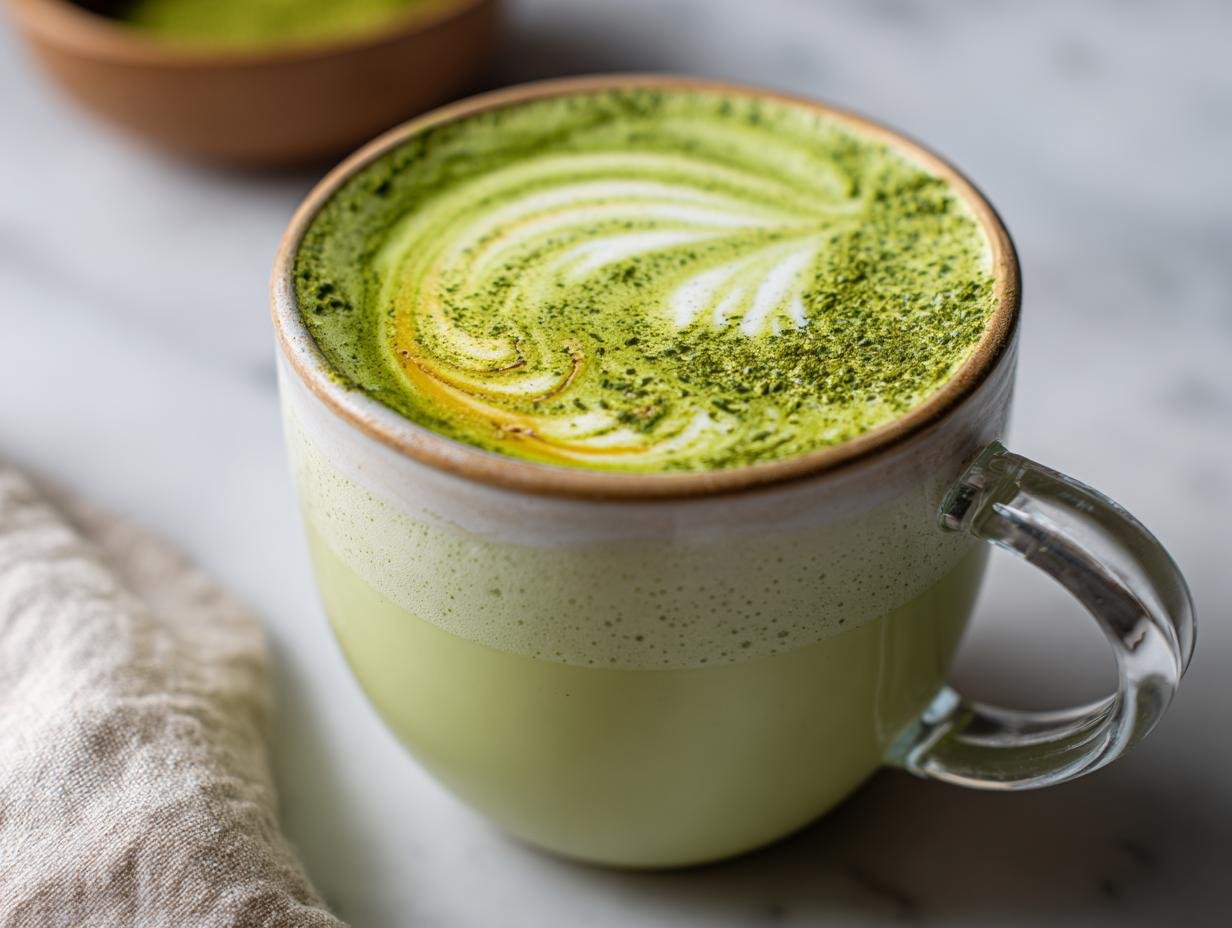 A close-up of a Honey Almond Matcha Latte in a mug, featuring creamy foam with latte art and a dusting of matcha powder.