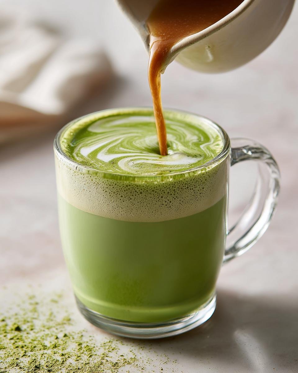 A clear mug filled with a vibrant green Honey Almond Matcha Latte, with a swirl pattern on top as caramel is poured in.