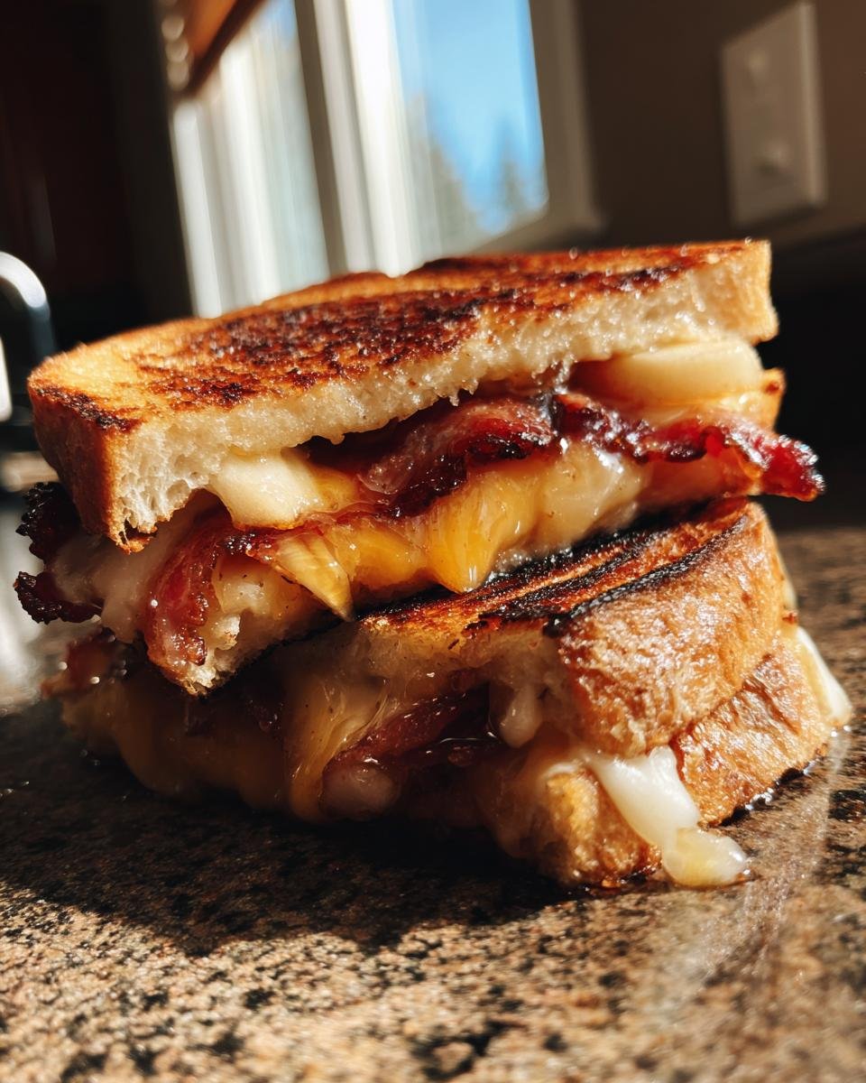 A delicious Hot Honey Apple Cheddar Bacon Grilled Cheese sandwich, cut in half, with melted cheese oozing out.