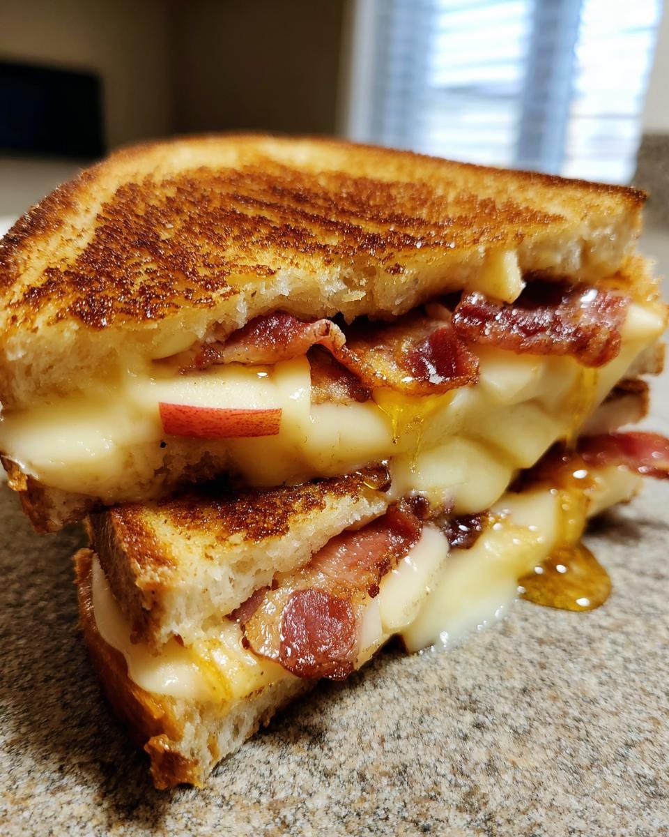 A close-up of a Hot Honey Apple Cheddar Bacon Grilled Cheese sandwich, oozing with melted cheese and honey.