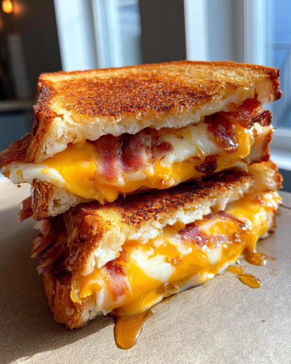 Close-up of a stacked Hot Honey Apple Cheddar Bacon Grilled Cheese sandwich with melted cheese and crispy bacon.