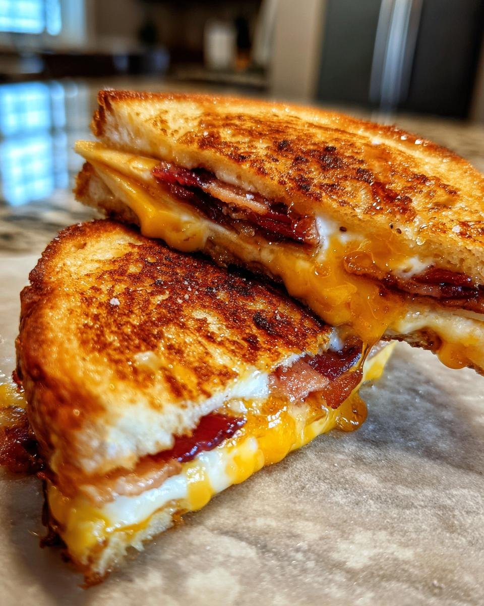 Close-up of a Hot Honey Apple Cheddar Bacon Grilled Cheese sandwich, cut in half, showing melted cheddar cheese, crispy bacon, and apple slices.
