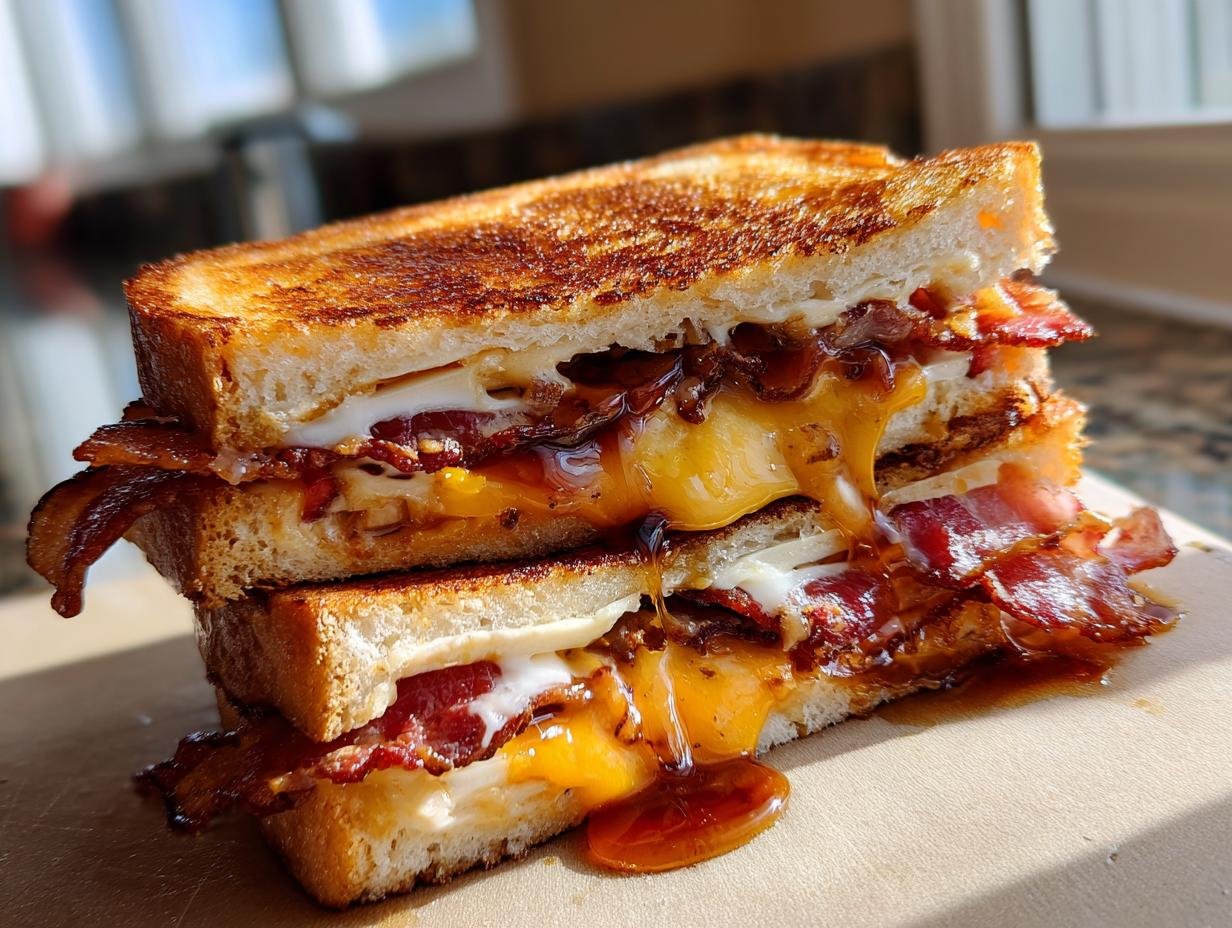A stack of two Hot Honey Apple Cheddar Bacon Grilled Cheese sandwiches, with melted cheese and bacon oozing out.