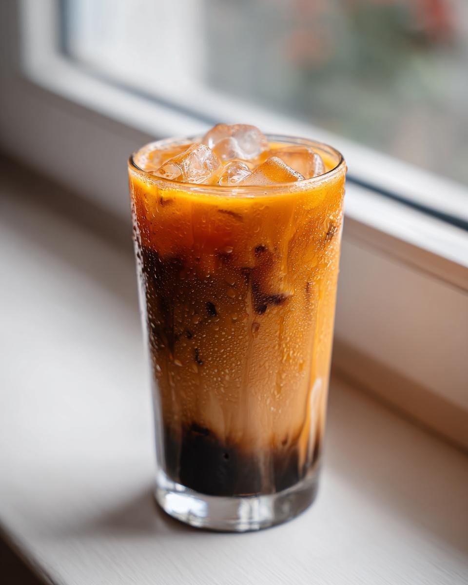 A tall glass filled with an iced Pumpkin Dirty Chai Iced Latte showing layers of dark espresso and orange pumpkin milk, covered in condensation.