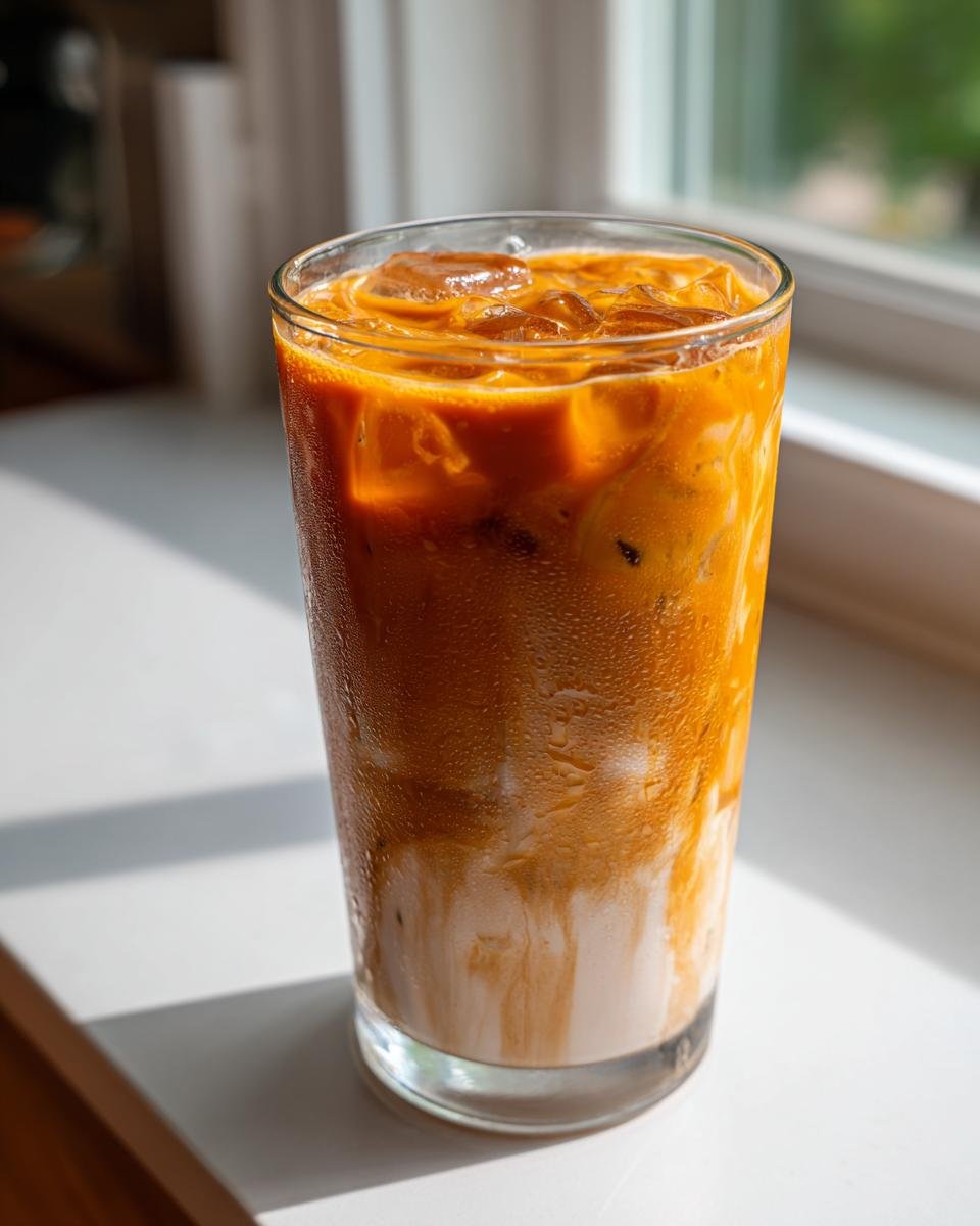 Close-up of a tall glass filled with an iced Pumpkin Dirty Chai Iced Latte, showing layers of milk and orange-hued coffee.