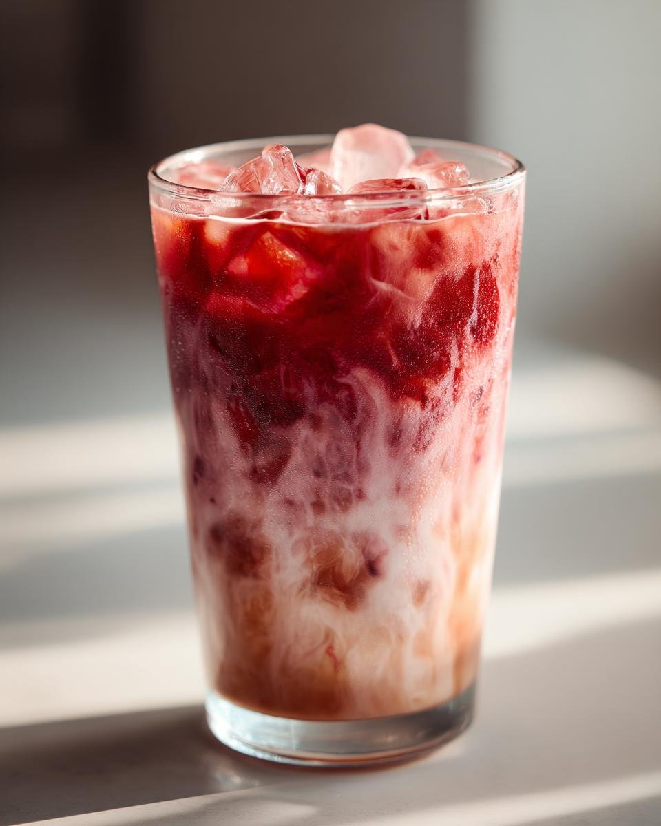 A tall glass filled with an Iced Strawberry Oat Milk Latte, showing layers of strawberry puree, oat milk, and ice.