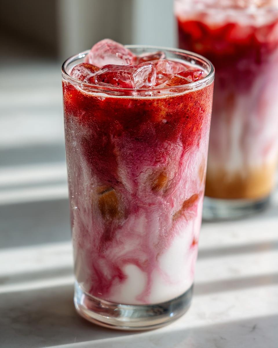 Close-up of a tall glass filled with an Iced Strawberry Oat Milk Latte, showing layers of oat milk, strawberry puree, and ice.