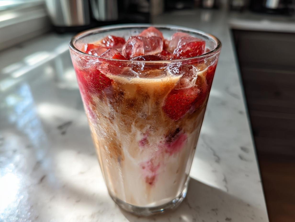 Close-up of a tall glass filled with an Iced Strawberry Oat Milk Latte, showing layers of oat milk, coffee, and fresh strawberries with ice.