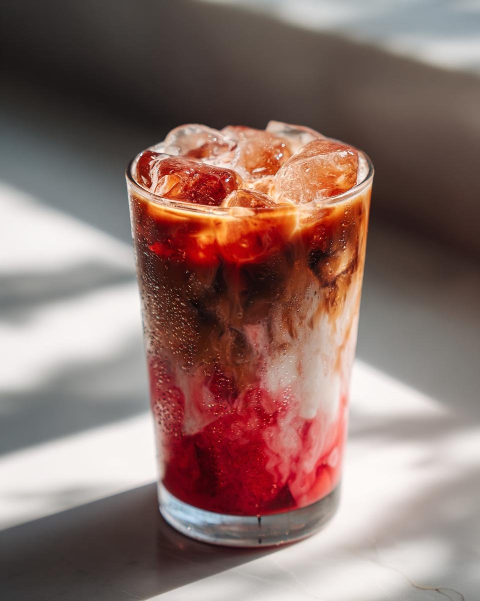 A refreshing Iced Strawberry Oat Milk Latte with layers of red strawberry puree, white oat milk, and dark coffee, topped with ice.