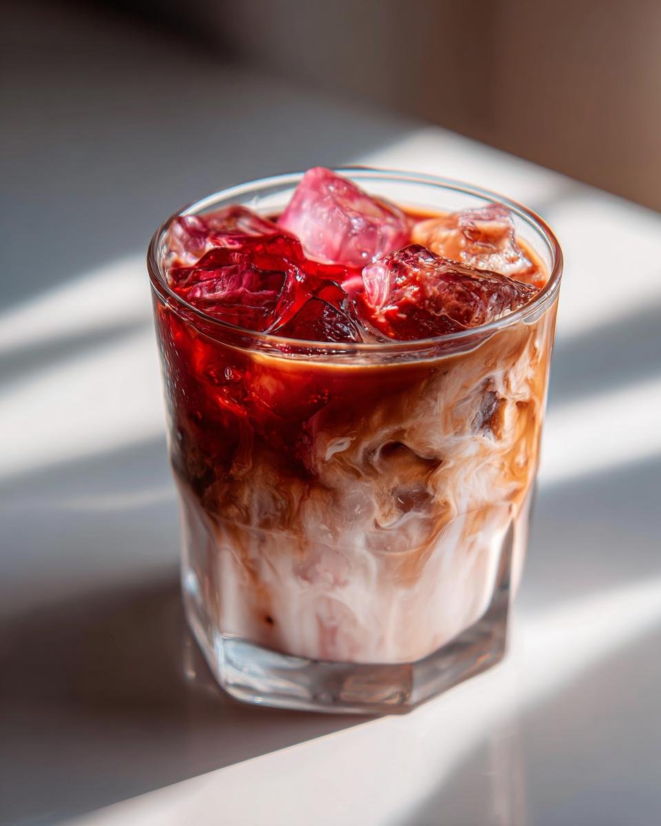 Close-up of a vibrant Iced Strawberry Oat Milk Latte with swirling oat milk and dark espresso over ice.